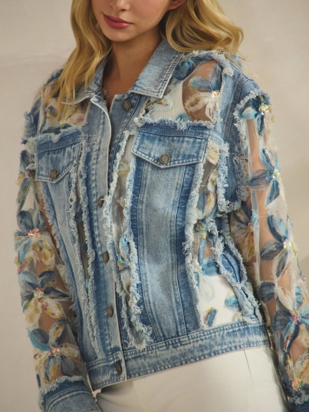 Western Floral Lace Appliqué Semi Sheer Button Down Frayed Jacket